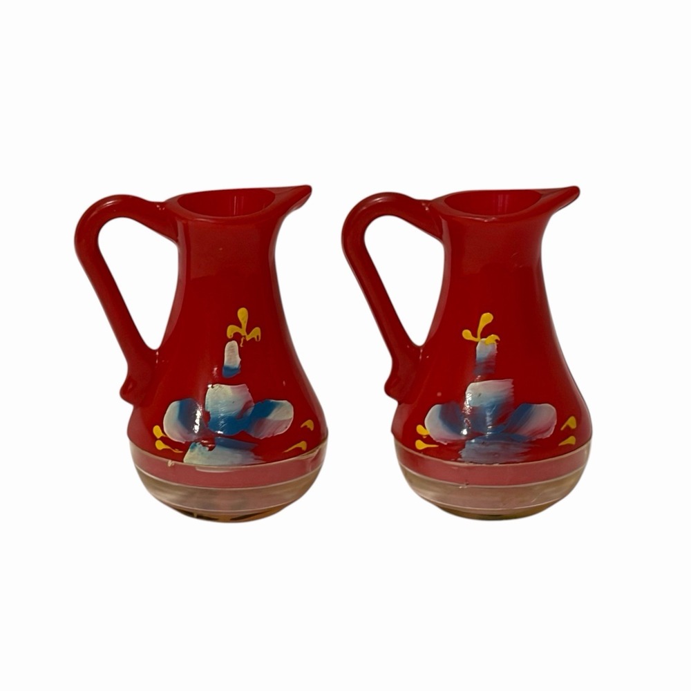 Vintage Red Drink Pitchers Salt & Pepper Shakers Set Painted Kitchy‎ 2" In Tall